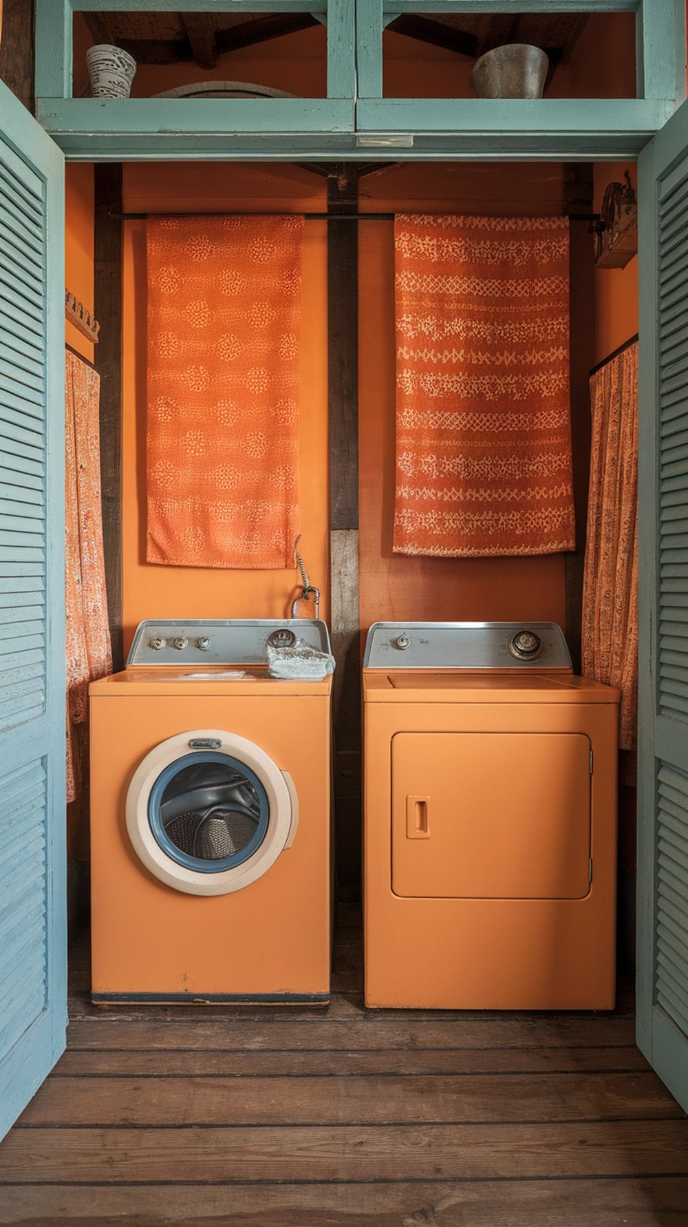 A vintage-inspired laundry room featuring orange machines and patterned curtains.