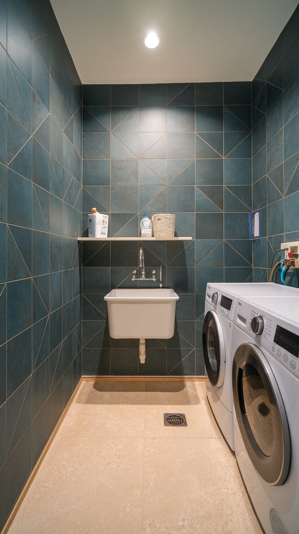 Laundry room featuring a slate blue geometric patterned backsplash, utility sink, and modern appliances.