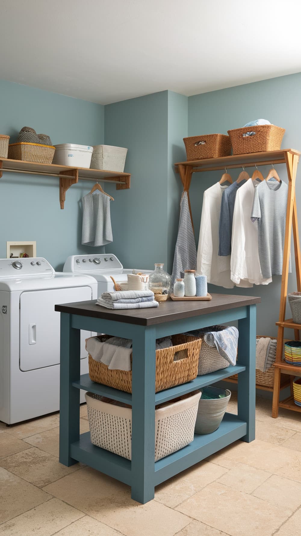 A modern laundry room featuring a slate blue laundry island with baskets, washing machines, and hanging clothes.
