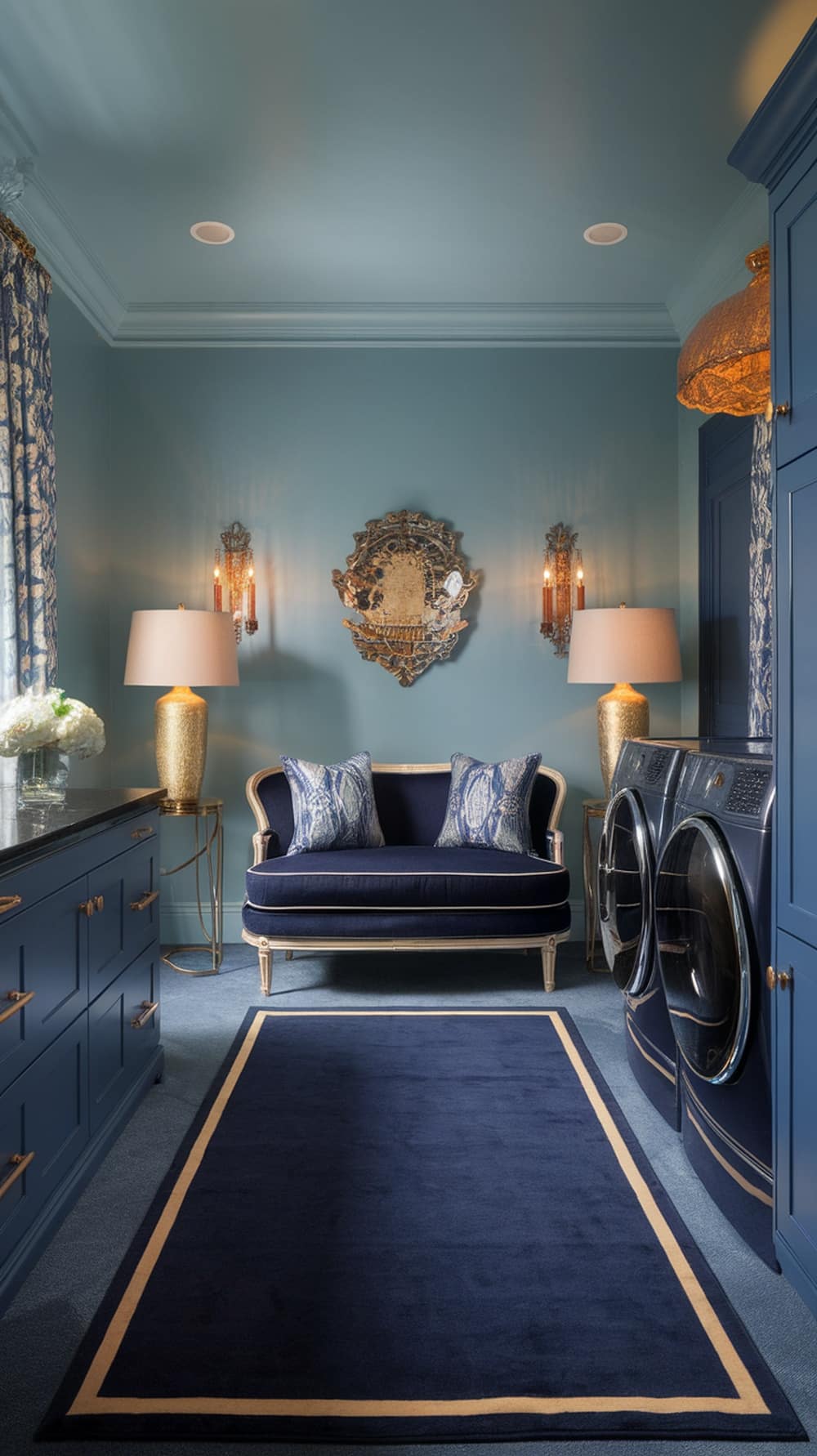 A stylish laundry room featuring navy blue cabinetry, a navy sofa with gold accents, and elegant lighting.