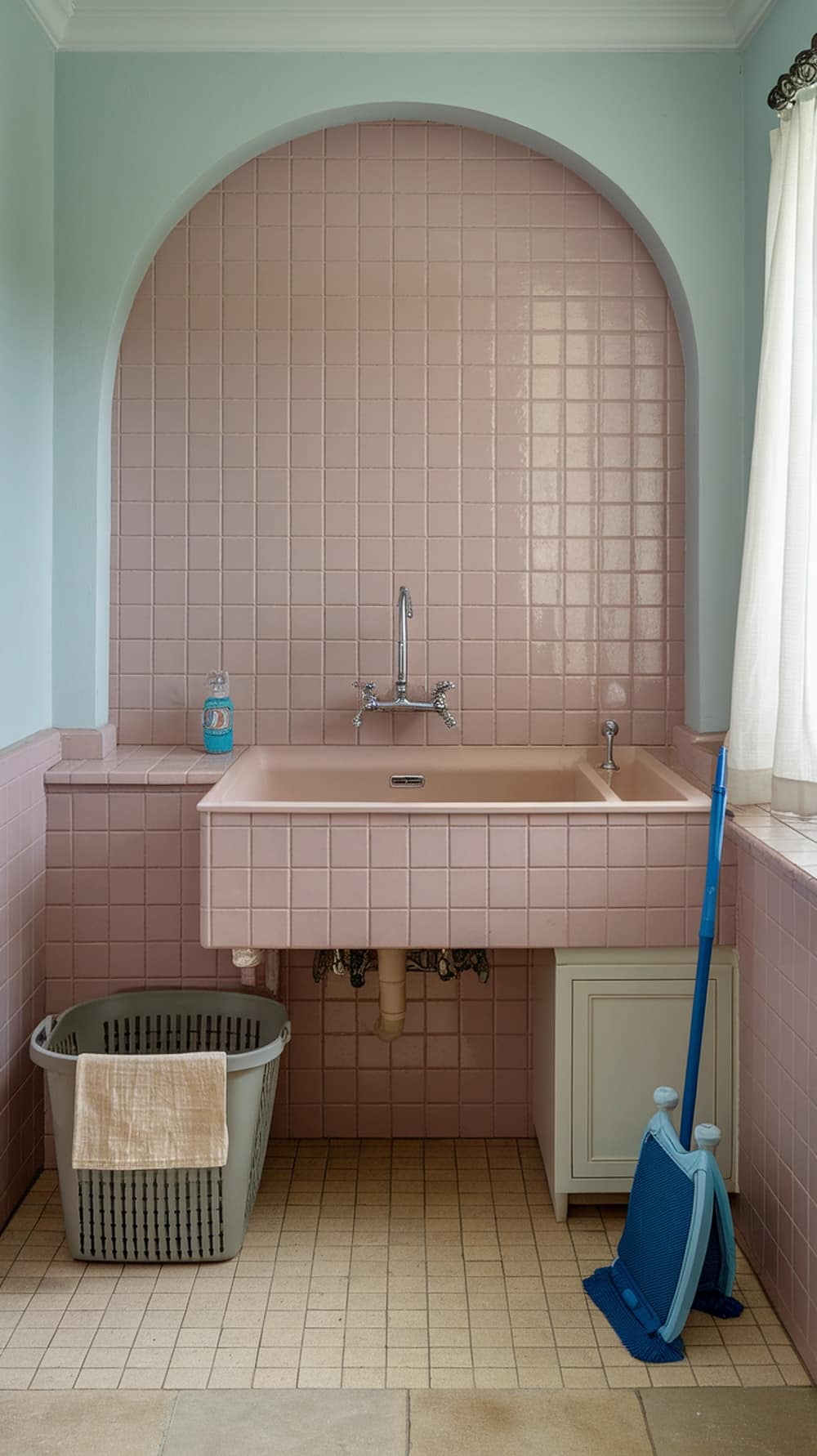 Laundry room with soft pink tile backsplash and a large sink