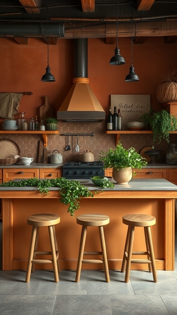Rustic ochre kitchen island with wooden stools and earthy decor