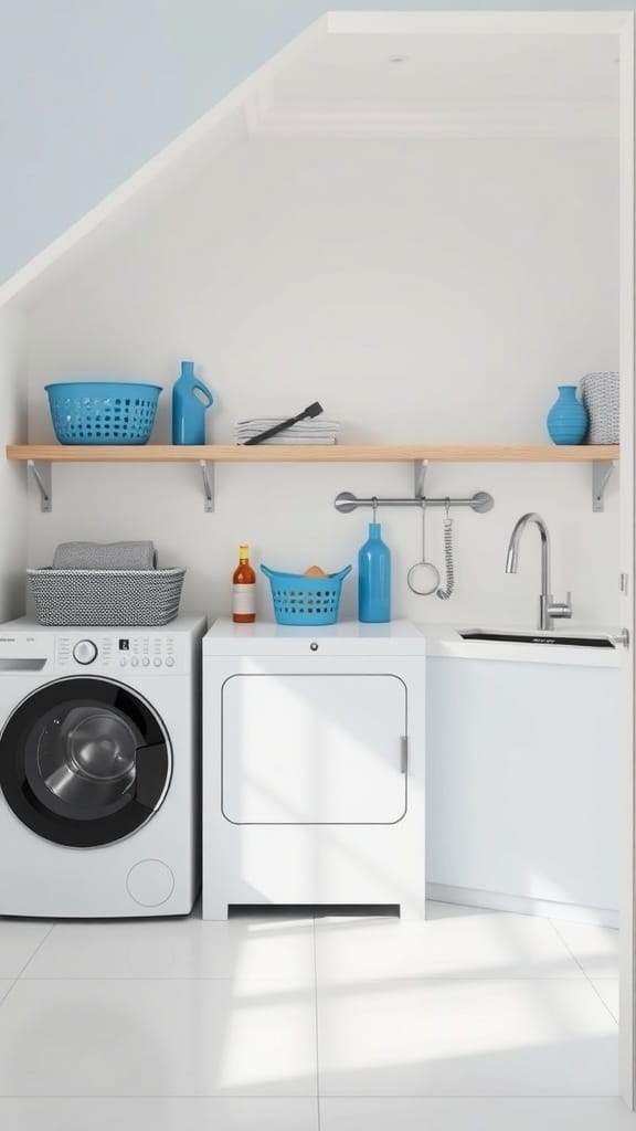 Minimalist laundry room with blue accents, featuring a washing machine, dryer, and wooden shelf.