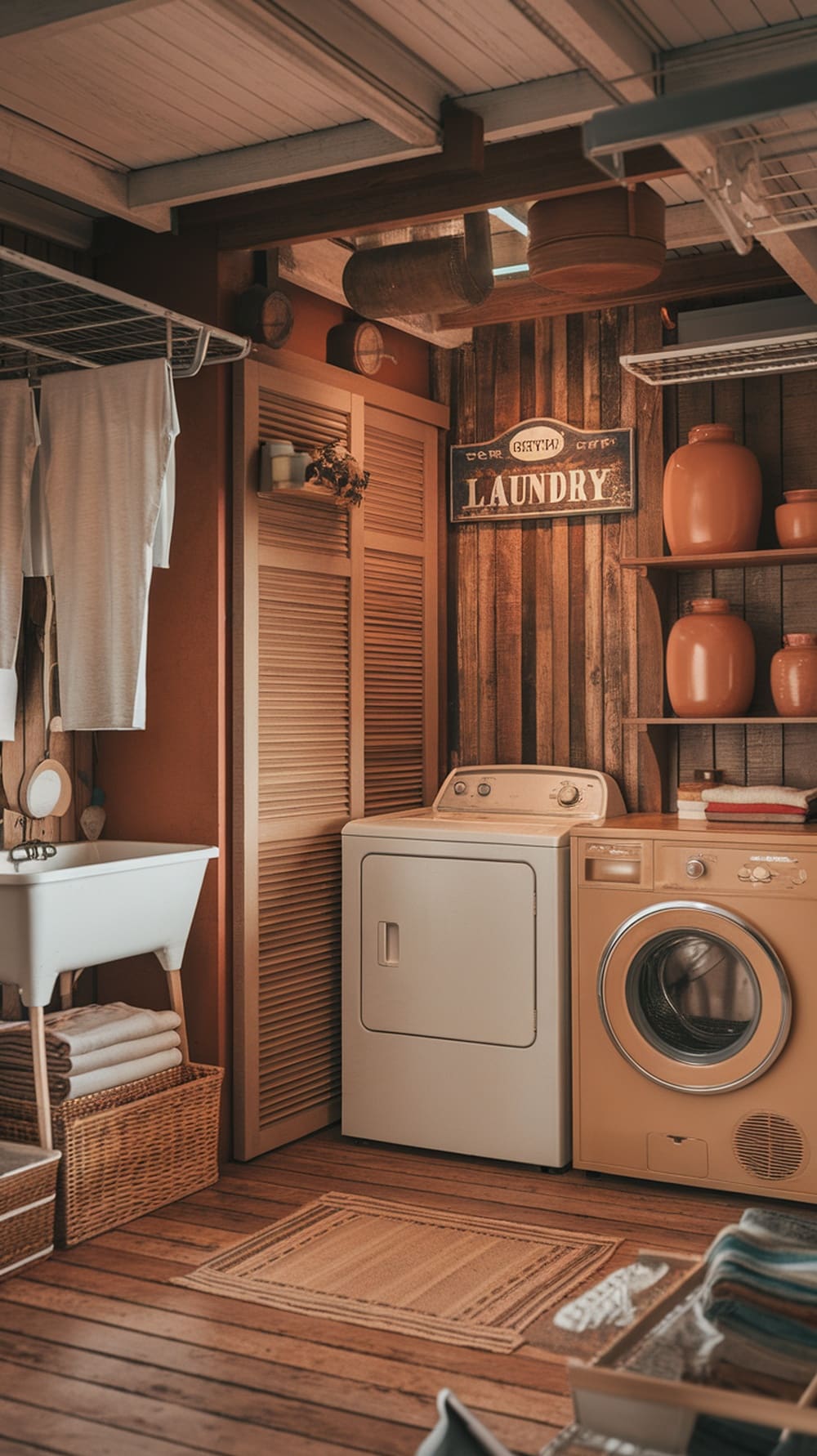 A cozy vintage laundry room featuring ochre tones, wooden shelves, and rustic accessories.