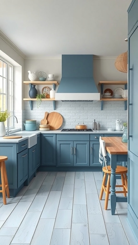 A blue kitchen with open shelving, white brick backsplash, and light wood flooring, creating a coastal vibe.