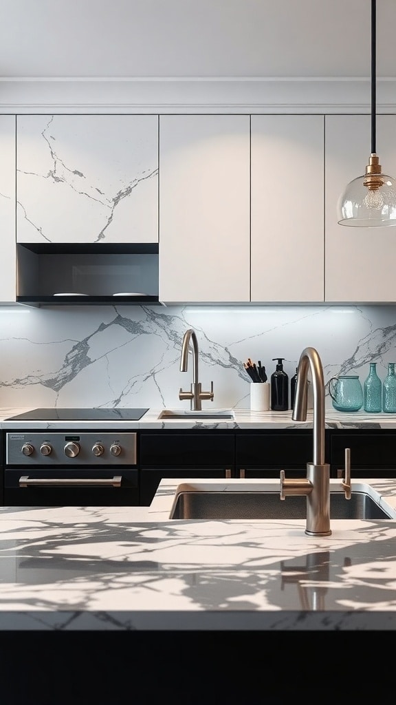 Stylish black and white kitchen featuring marble accents and gold fixtures