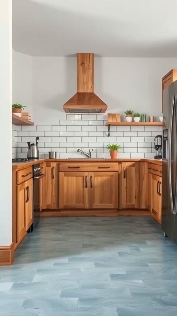 A kitchen featuring dusty blue tile flooring, wooden cabinets, and a modern design.