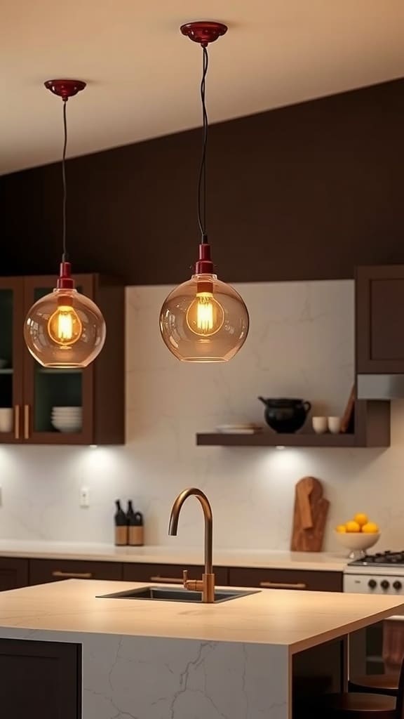 Two burgundy pendant lights hanging over a kitchen island with a gold faucet.