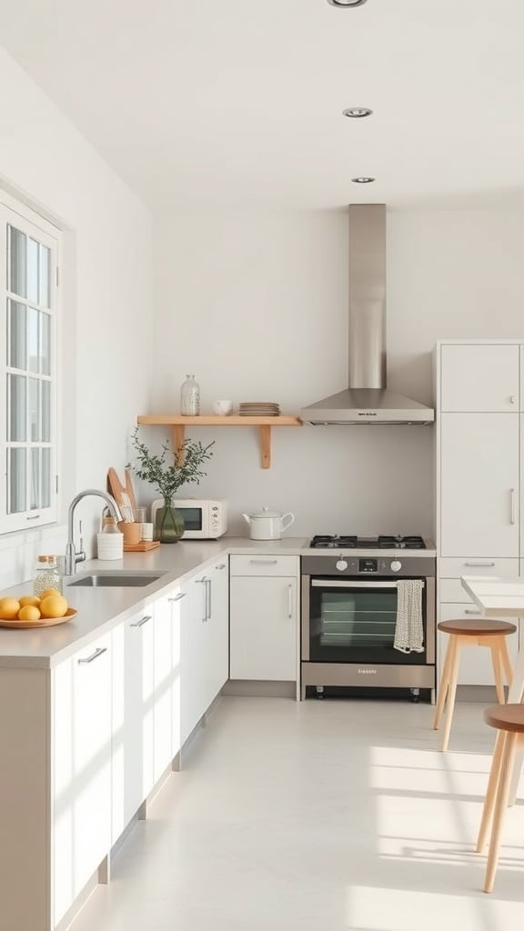 A minimalist greige kitchen with modern cabinetry, light countertops, and natural decor elements.