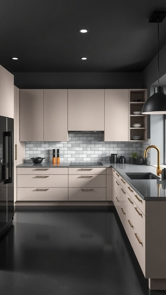 A modern kitchen featuring greige cabinetry and black accents, showcasing a stylish contrast.