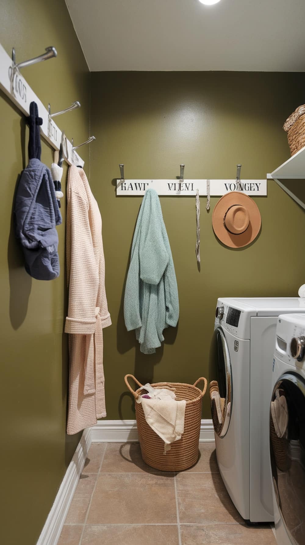 Personalized wall hooks in a warm olive green laundry room, displaying robes and a hat.