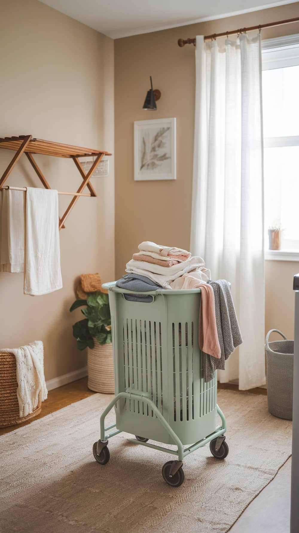 A mint green laundry cart filled with folded clothes in a cozy laundry room.