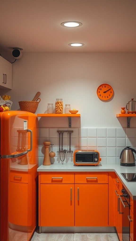 A vibrant orange kitchen featuring an orange refrigerator, orange clock, and matching kitchen appliances.