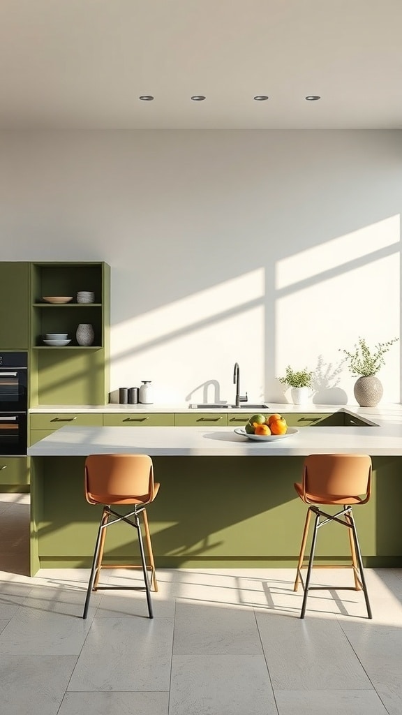 A modern kitchen featuring an olive green island with light countertops and earthy bar stools.