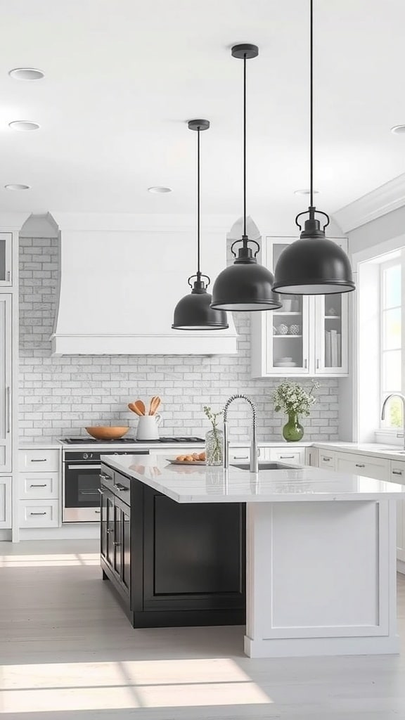 A modern black and white kitchen featuring three black pendant lights above a kitchen island.