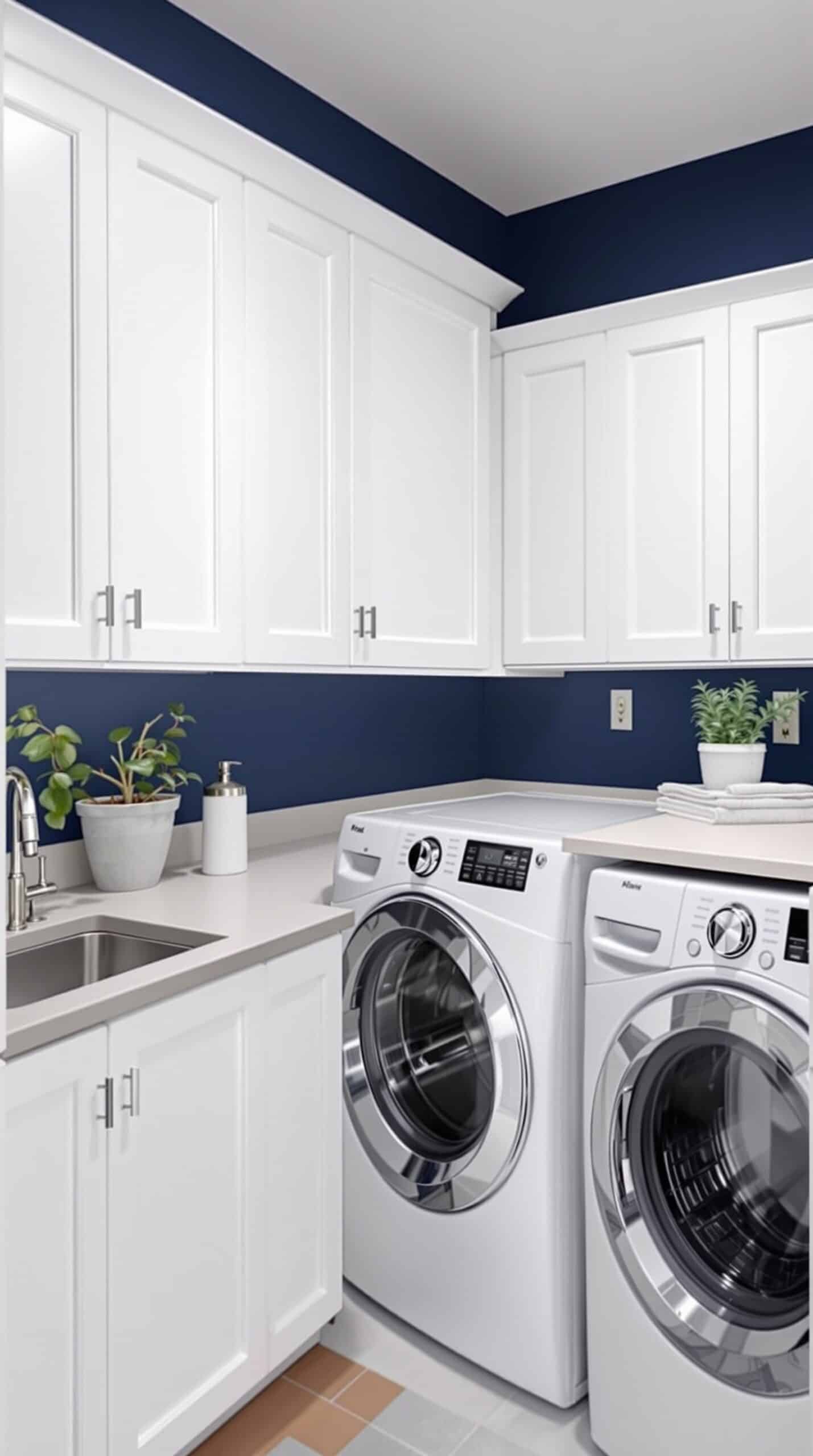 Laundry room featuring a bold indigo accent wall with white cabinets and appliances.