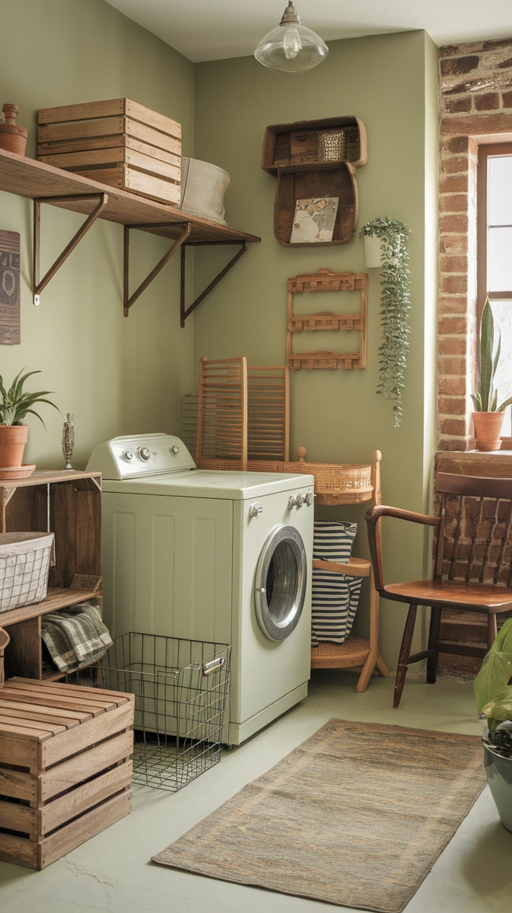 A laundry room featuring sage green walls, rustic wooden shelves, and a cozy atmosphere.