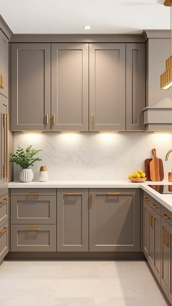 Sophisticated taupe kitchen cabinets with gold hardware and white countertop