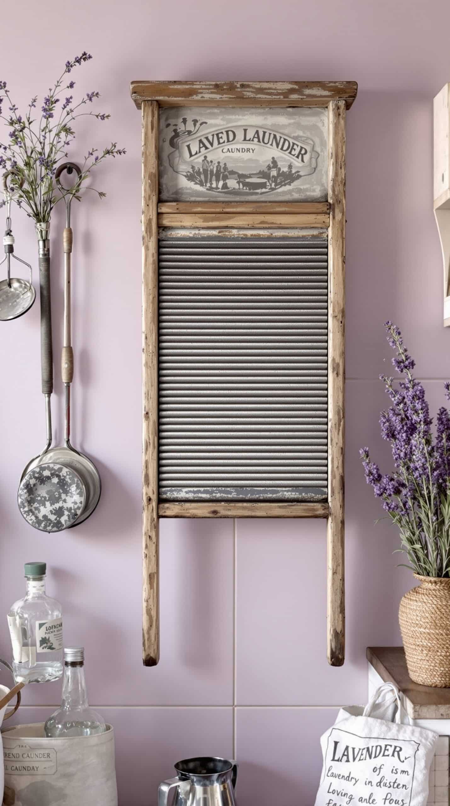 An antique washboard displayed on a lavender wall, surrounded by vintage kitchen items.