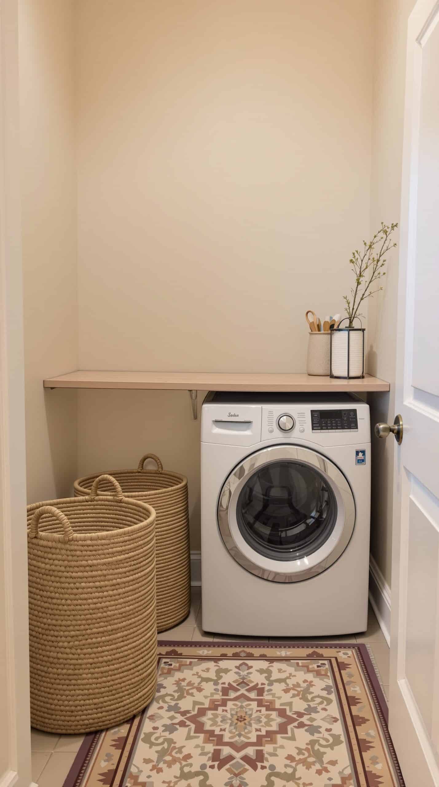 Cozy laundry room corner with beige walls, woven baskets, and a washing machine.