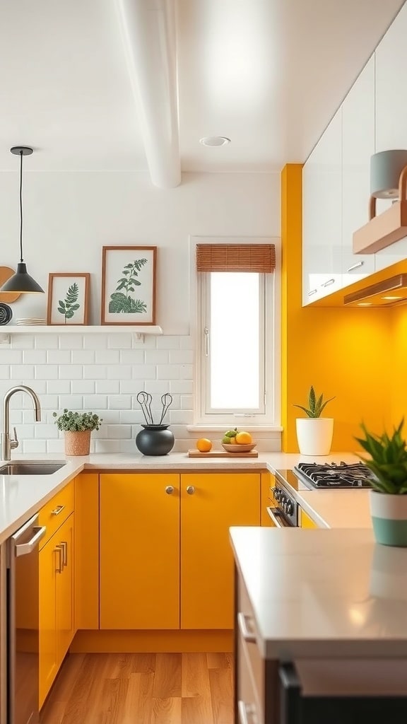 A modern kitchen featuring a bold mustard yellow accent wall, white tiles, and wooden flooring.