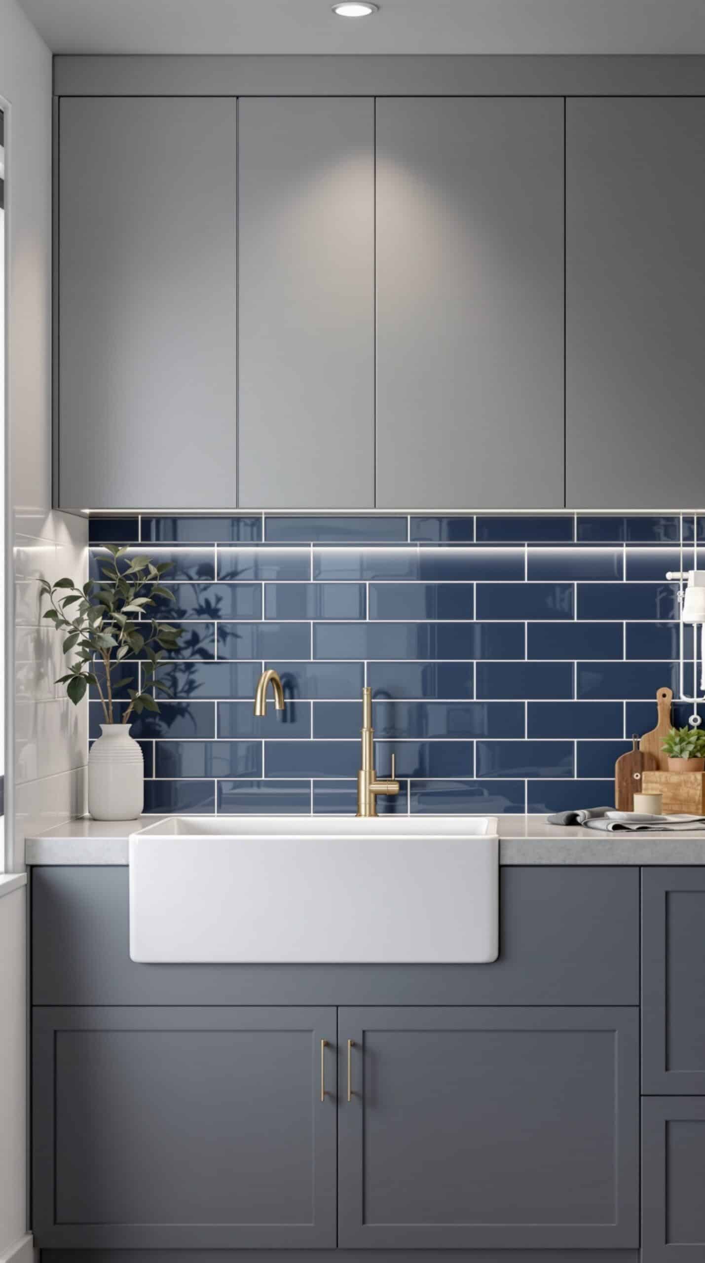A modern laundry room featuring an indigo tile backsplash, a white farmhouse sink, and gold fixtures.