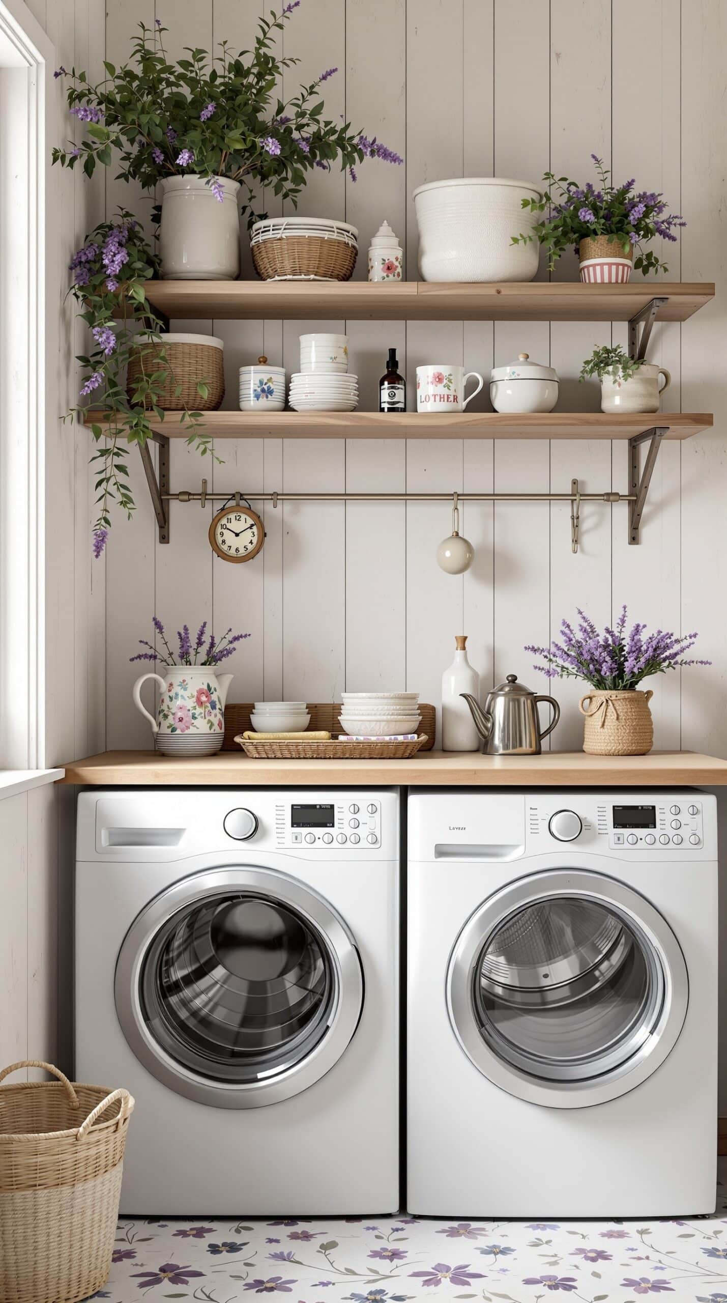 A vintage-inspired laundry room with lavender decor, wooden shelves, and white washing machines.