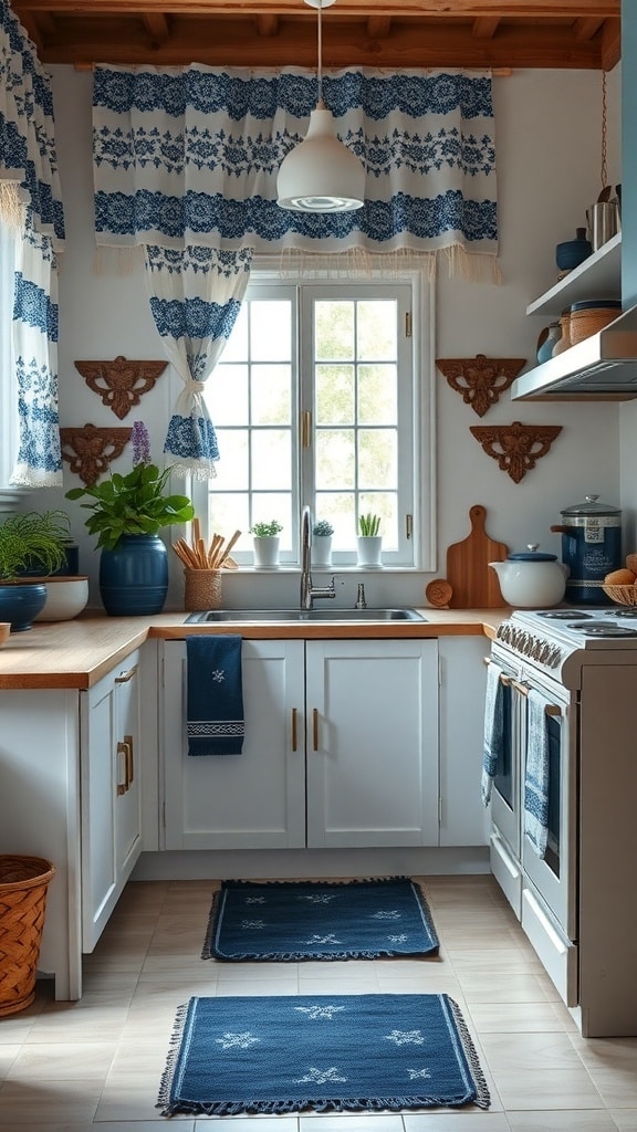 A cozy kitchen featuring indigo textiles, including curtains and rugs, with wooden accents and plants.