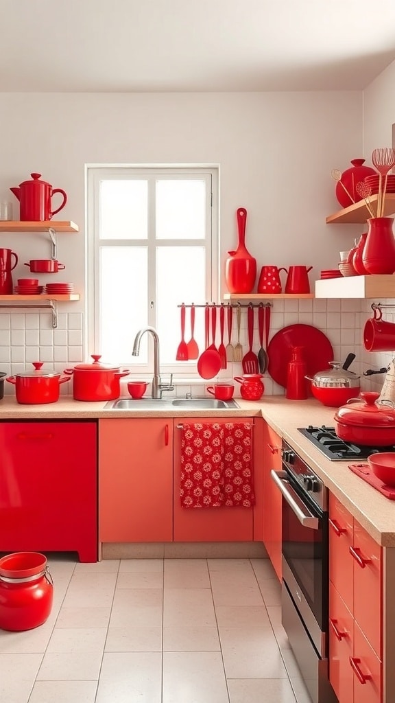 A vibrant kitchen filled with red accessories including pots, utensils, and dishware.