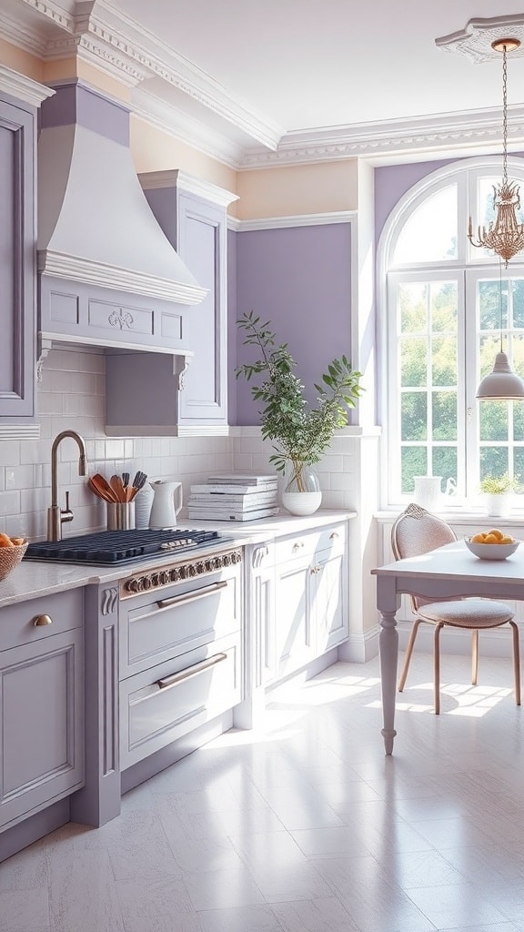 A kitchen featuring lavender walls and white cabinetry, with natural light streaming in through large windows.