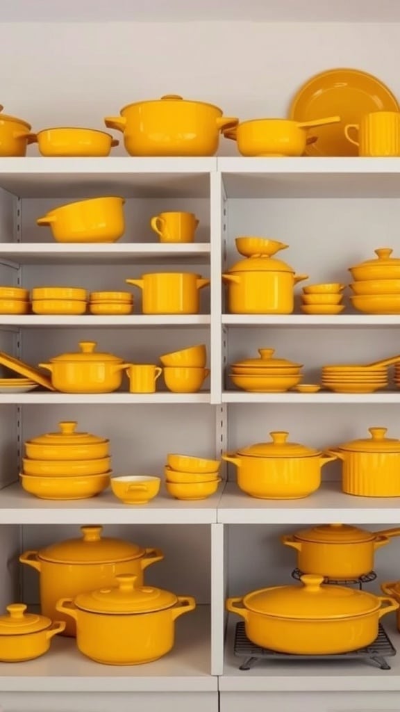A collection of mustard yellow cookware and bakeware arranged on shelves.