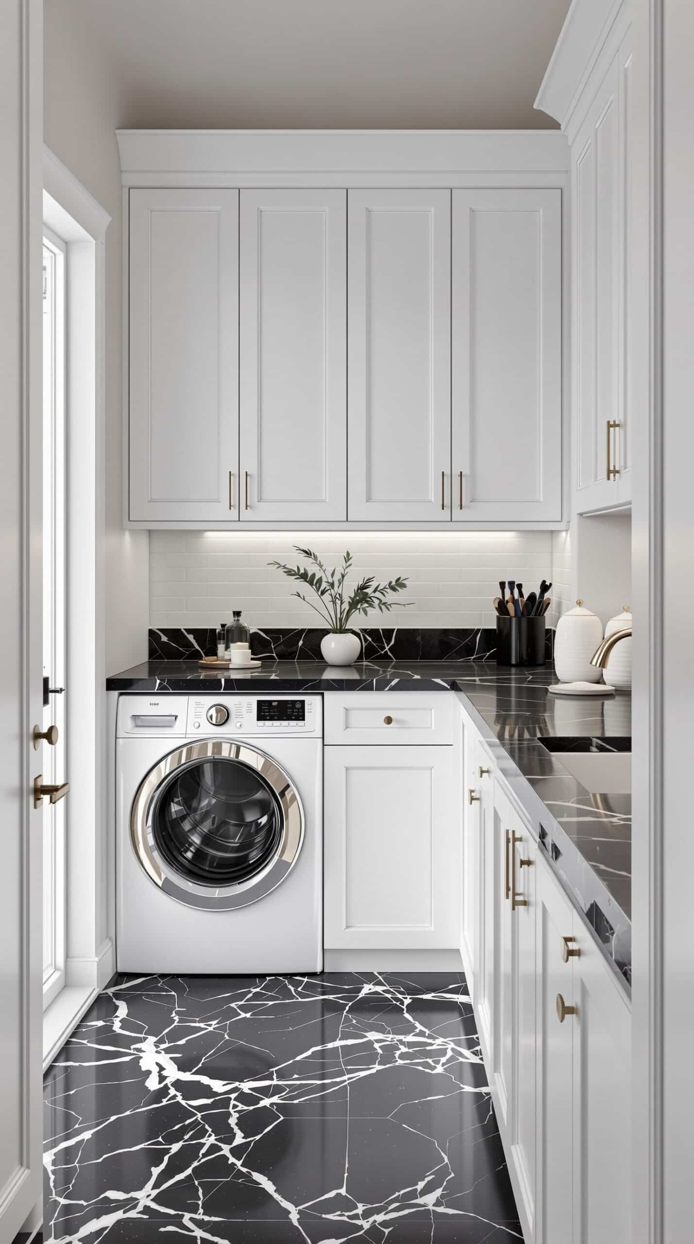 A modern laundry room featuring black marble countertops, white cabinetry, and gold accents.