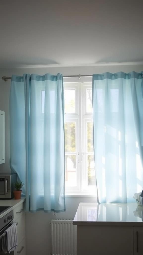 Light blue sheer curtains hanging in a bright kitchen window, allowing natural light to enter.