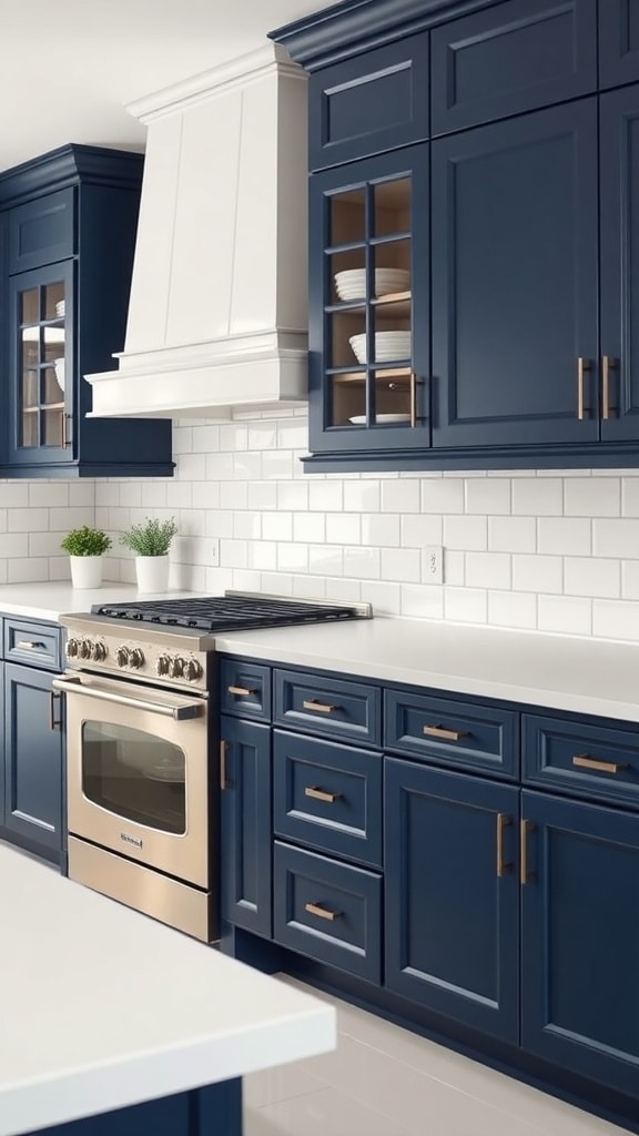 A modern kitchen featuring navy blue cabinets, white backsplash, and brass hardware.