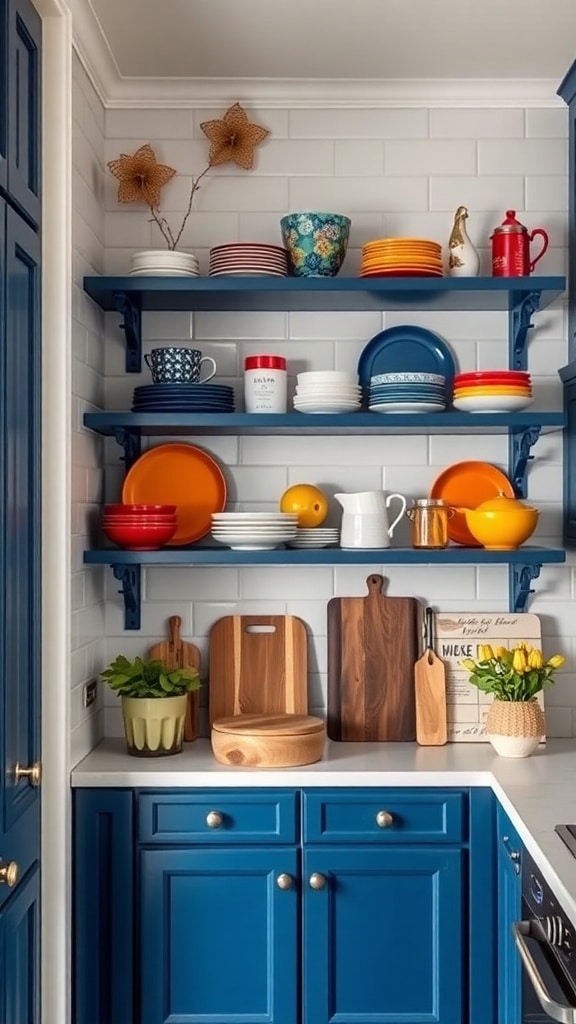 Indigo open shelving in a kitchen displaying colorful plates, cups, and wooden cutting boards.