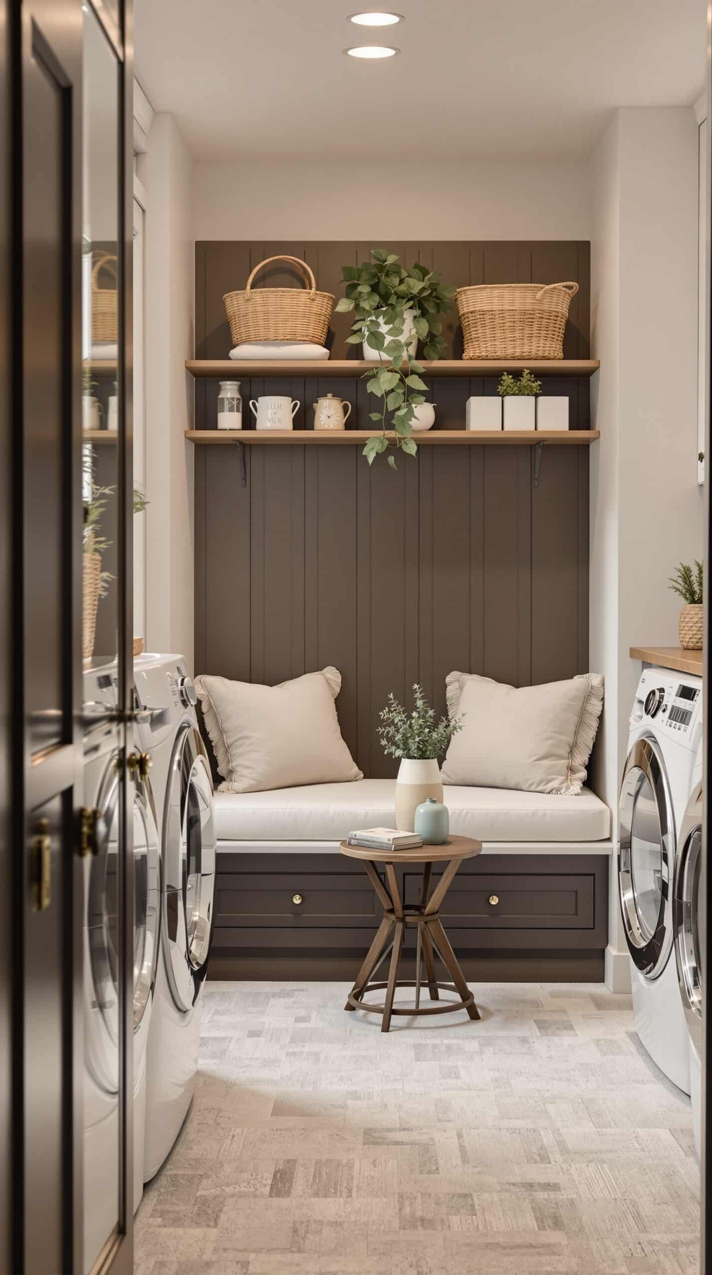 A cozy seating area in a beige laundry room with a bench, cushions, and a small table.