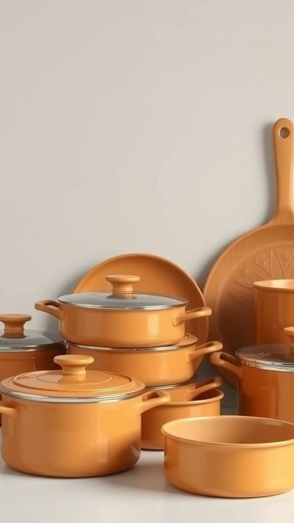 A collection of caramel-colored kitchen cookware, including pots and pans, stacked together.