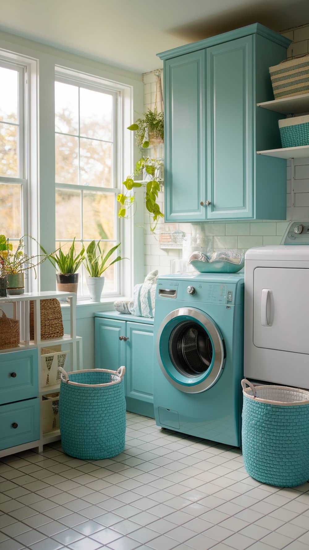 A bright laundry room featuring teal cabinets and appliances, with large windows allowing natural light to fill the space.