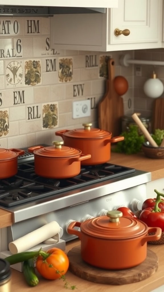 A kitchen scene featuring terracotta cookware on a stove, surrounded by fresh vegetables.
