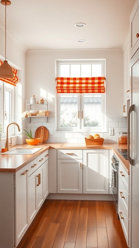 A cozy kitchen featuring a rust orange and white color scheme with checkered window treatment and wooden accents.