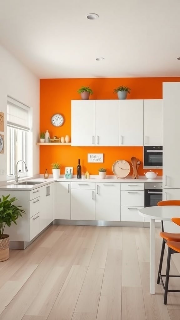 Modern kitchen with an orange accent wall, white cabinets, and light wood flooring.