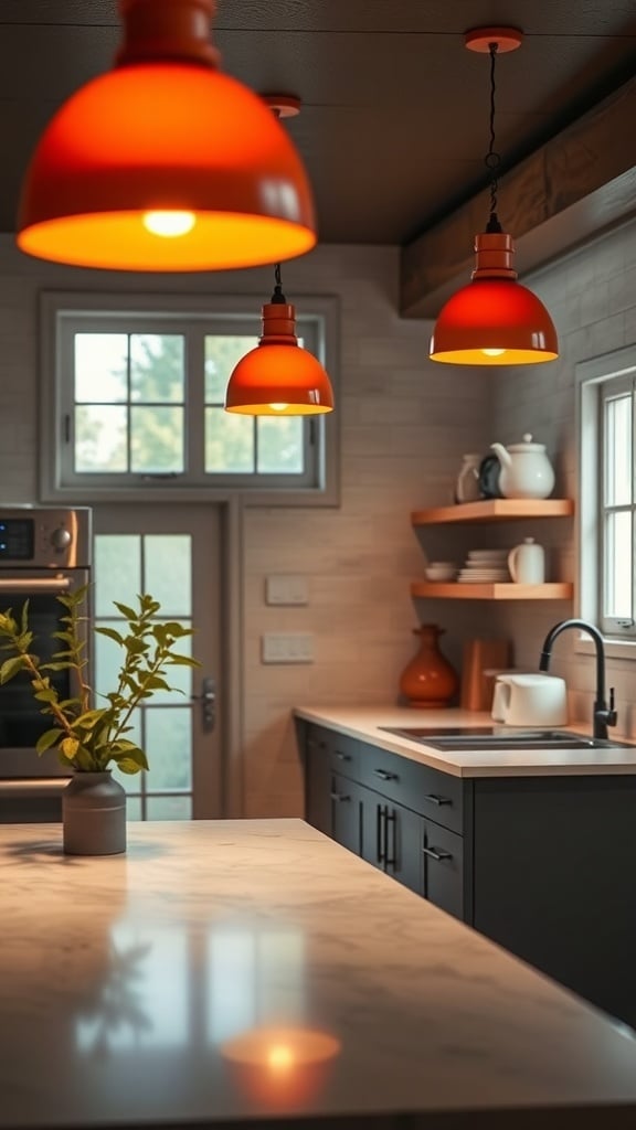 Rust orange pendant lights hanging in a modern kitchen