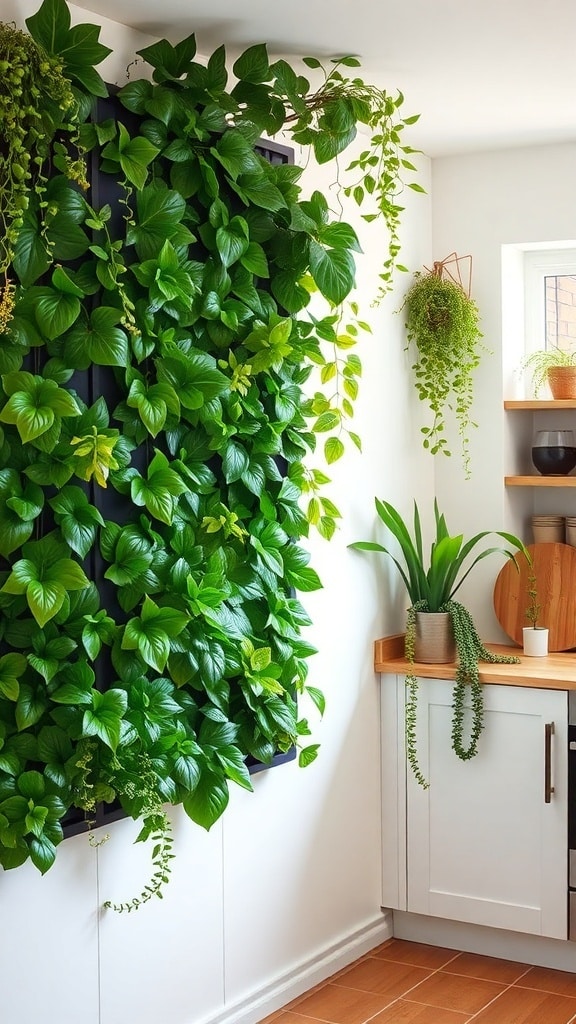 A vertical garden wall filled with lush green plants in a modern kitchen setting.