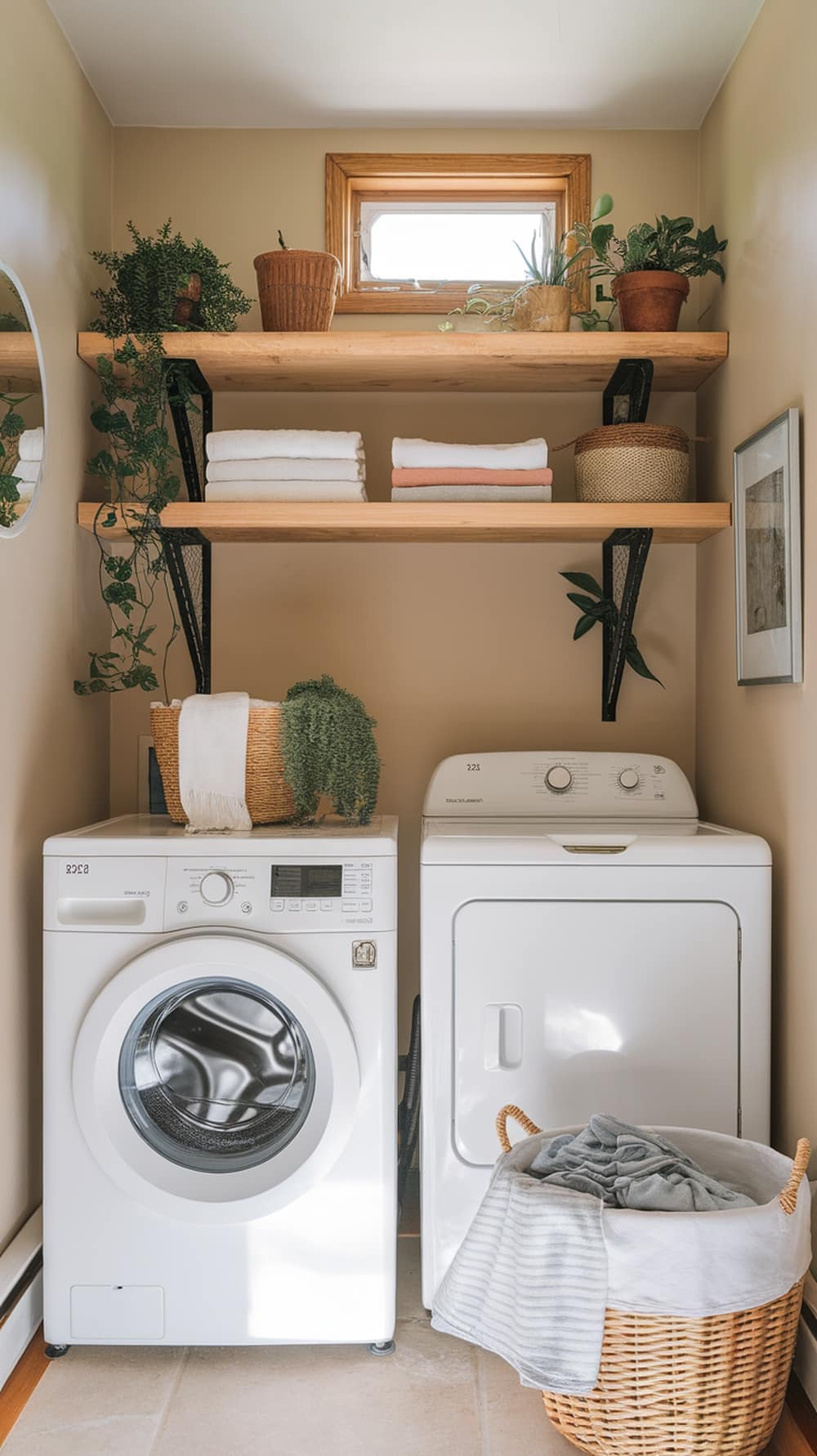 Laundry room with natural wood shelving, white appliances, and plants.