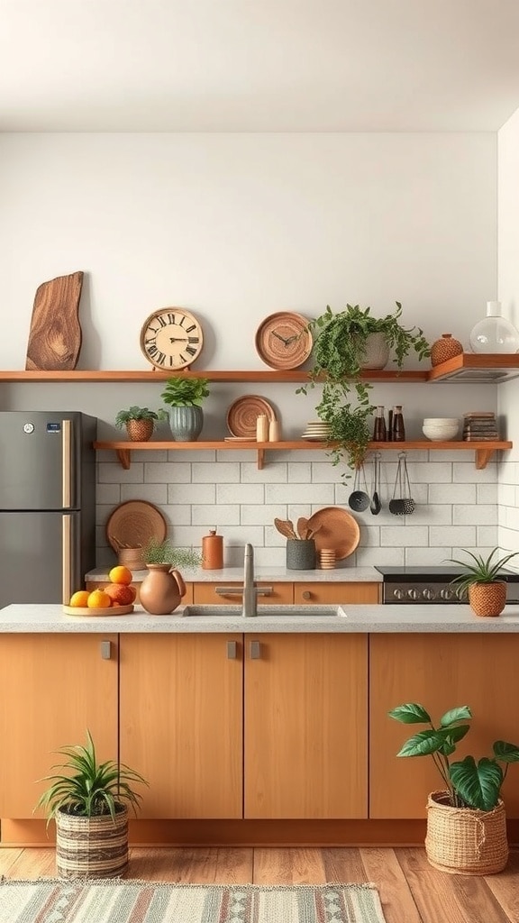A cozy kitchen featuring earthy ochre yellow tones, wooden cabinets, and plants, creating a warm atmosphere.