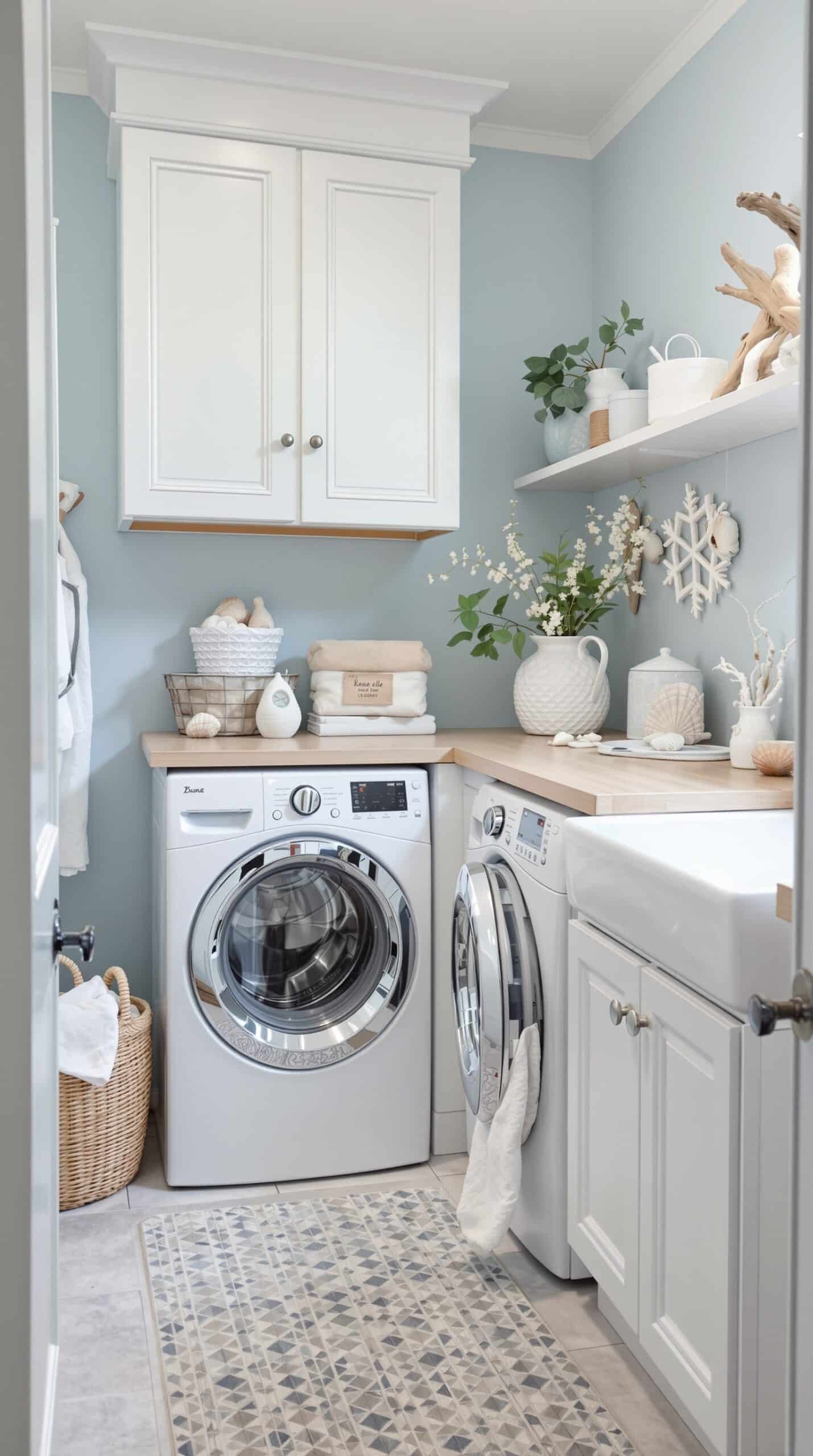 A serene light blue laundry room with white cabinetry, natural wood accents, and coastal decor.
