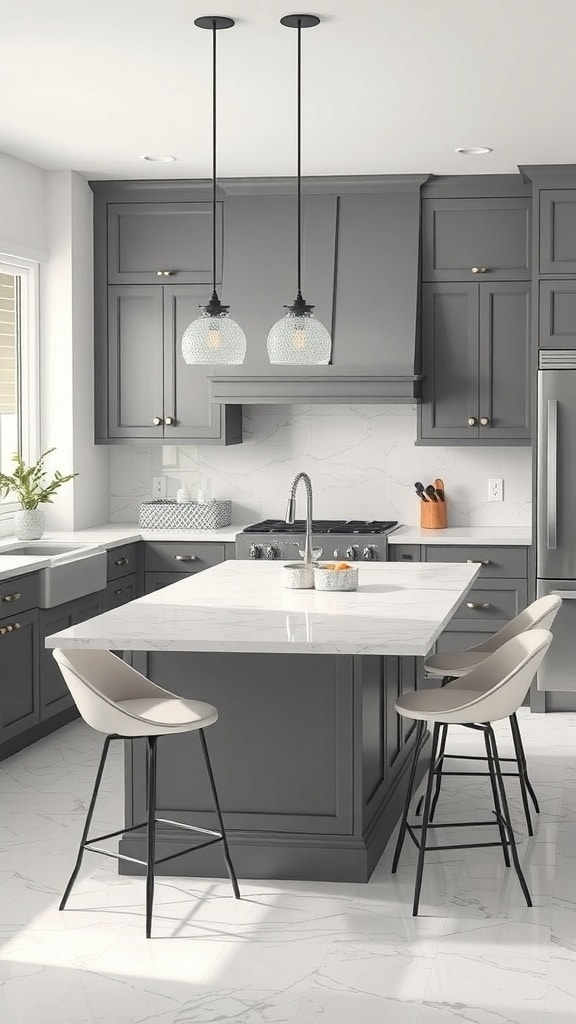 Modern gray kitchen with white marble countertops and pendant lighting