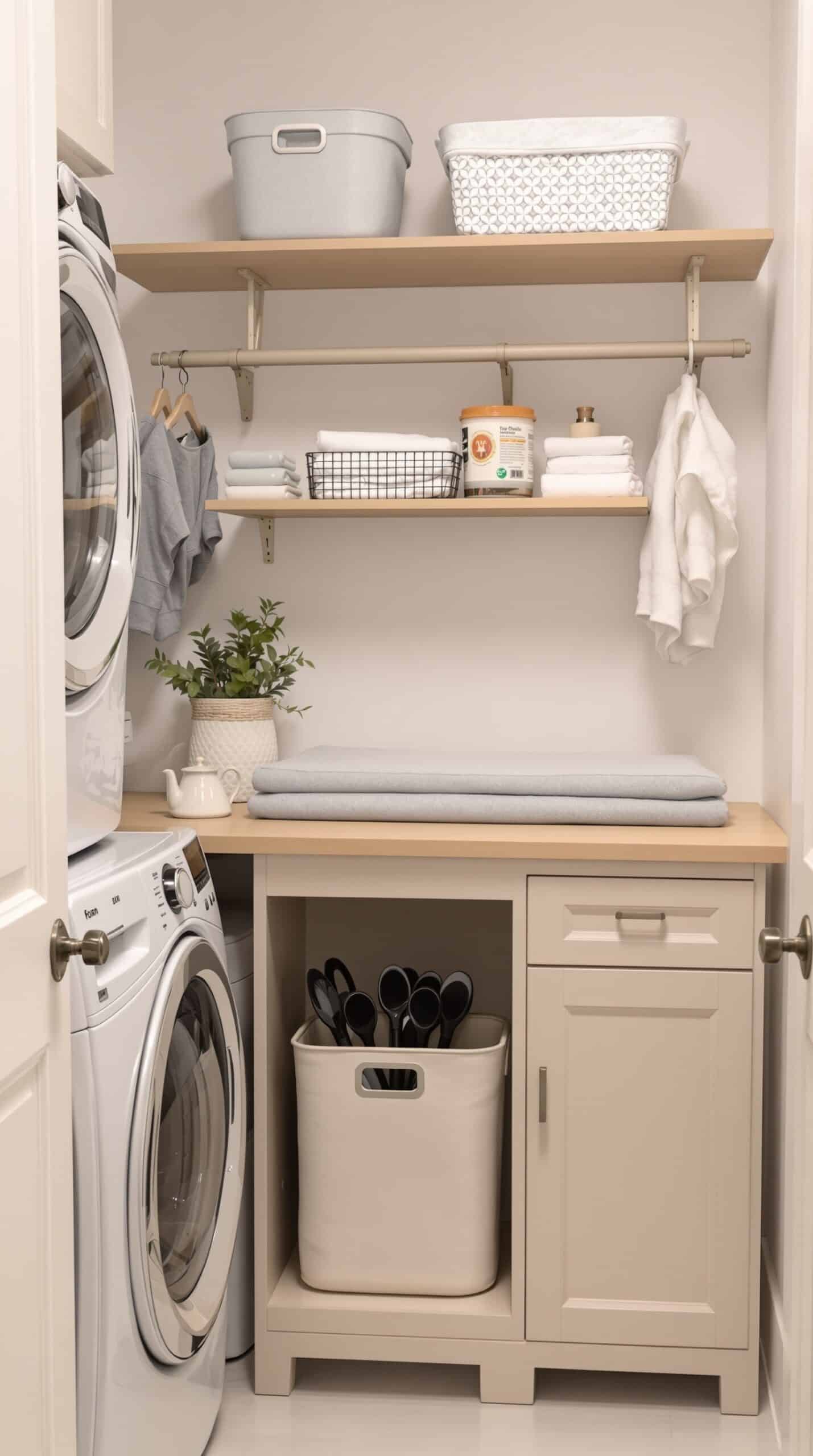 Cozy beige laundry room with a functional folding station, featuring a light wood countertop, organized shelves, and plants.