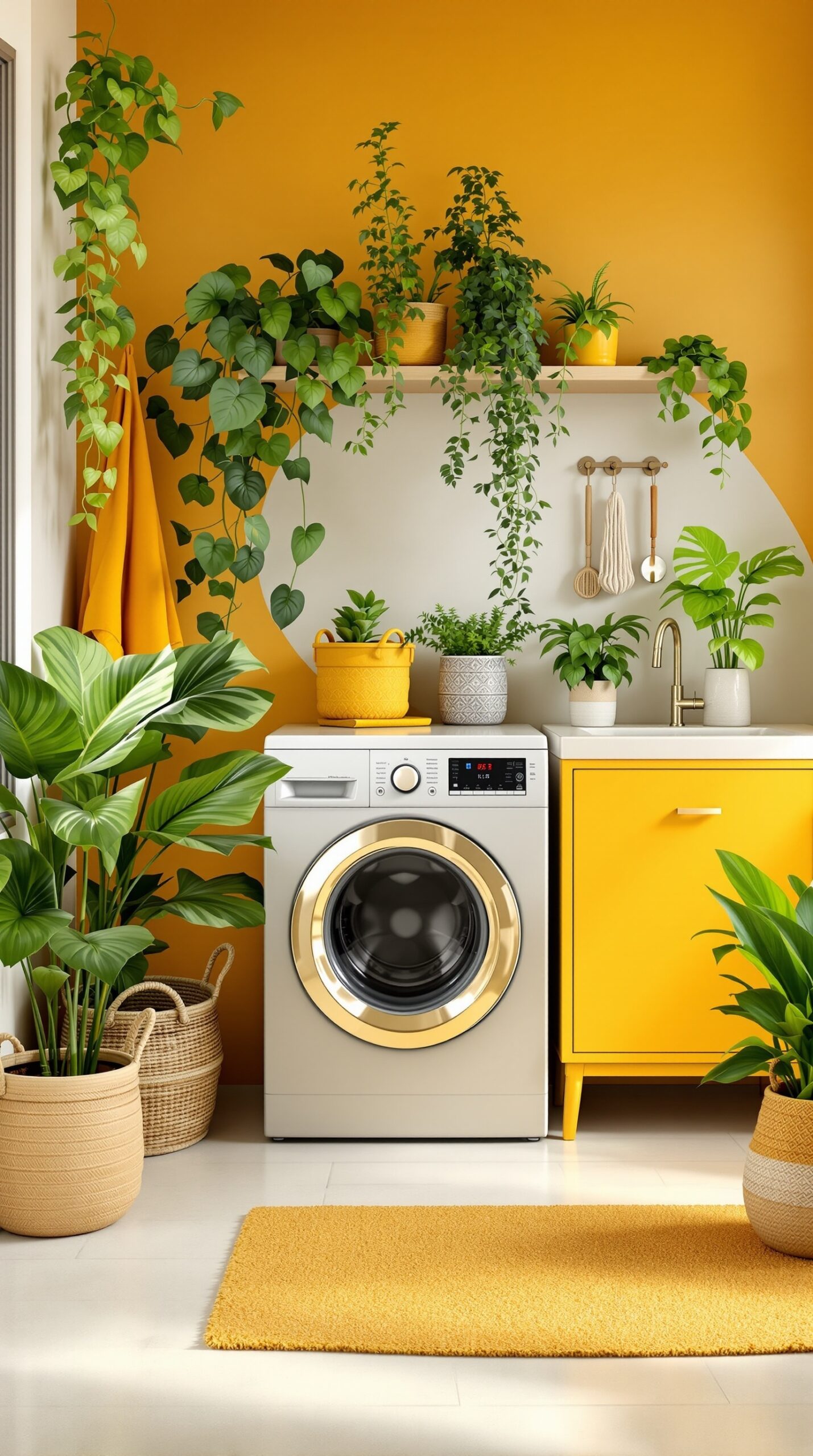 A bright laundry room with mustard yellow walls and various green plants, featuring a washing machine and a yellow cabinet.