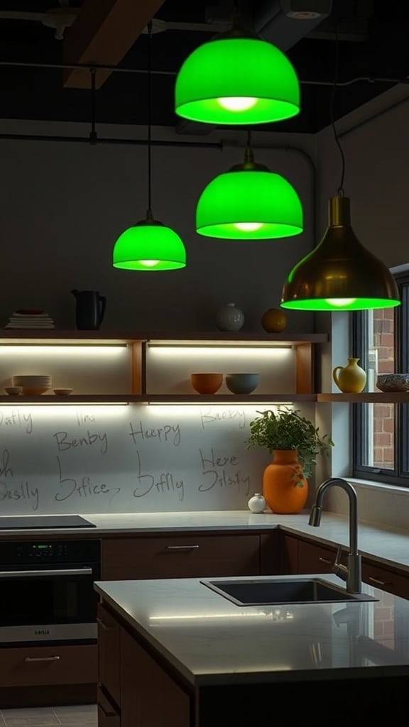 Modern kitchen with olive green pendant lighting fixtures